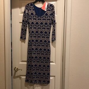 Gianni Bini Midnight Blue & Gold Midi Dress Large